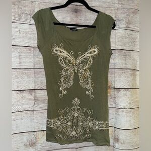 🤎3/10 Eyeshadow Olive Green Embroidered Butterfly Short Sleeve Top Size XL